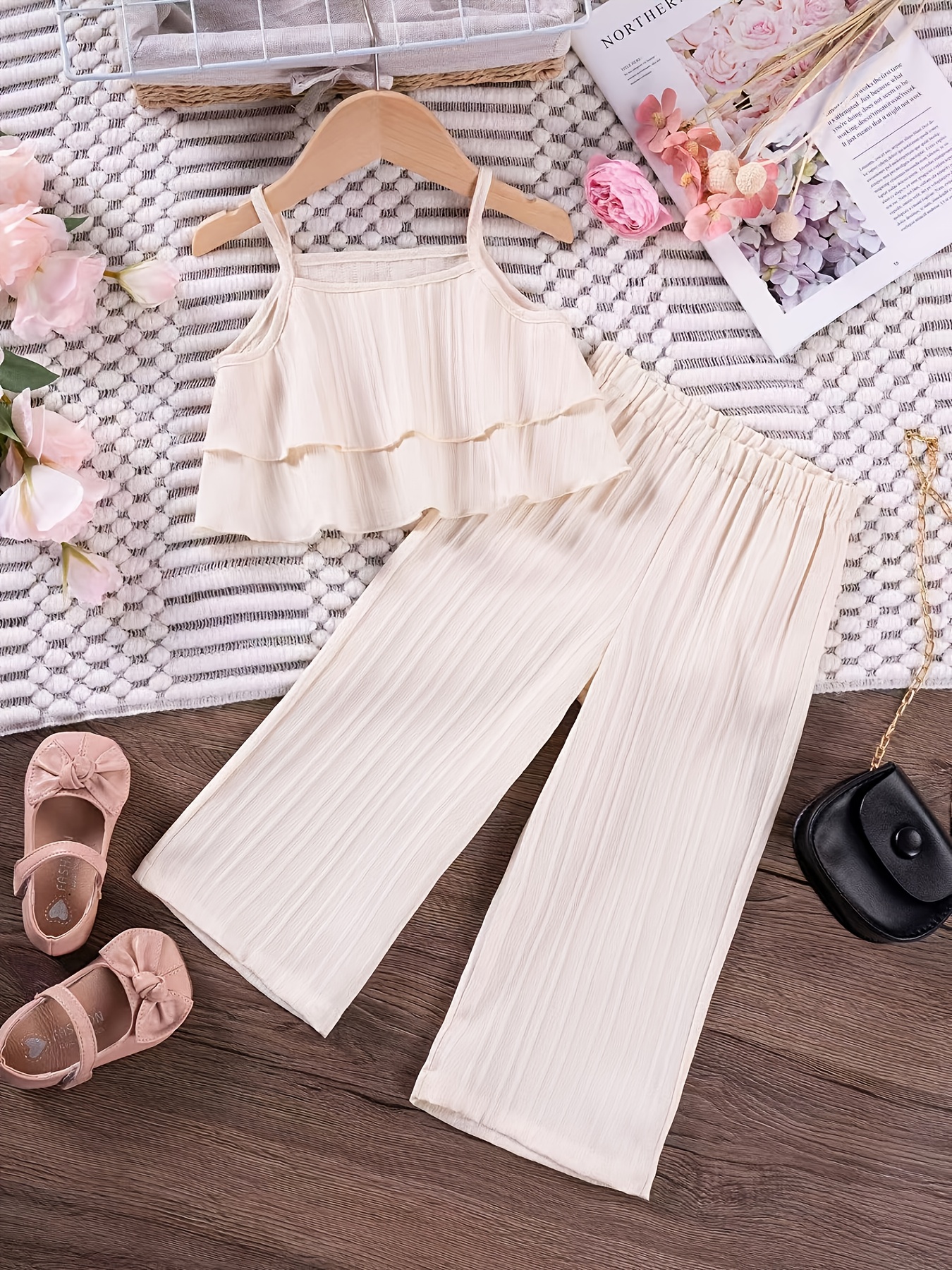 little girls summer plain vest 2pcs set with straight trousers fashionable and elegant childrens clothing   outdoor