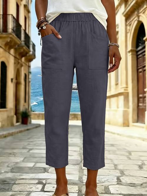 damen knöchellange hose mit elastischem bund, lockerer passform – uni-farbige freizeithose mit elastischem bund, für urlaub, , büro oder freizeit