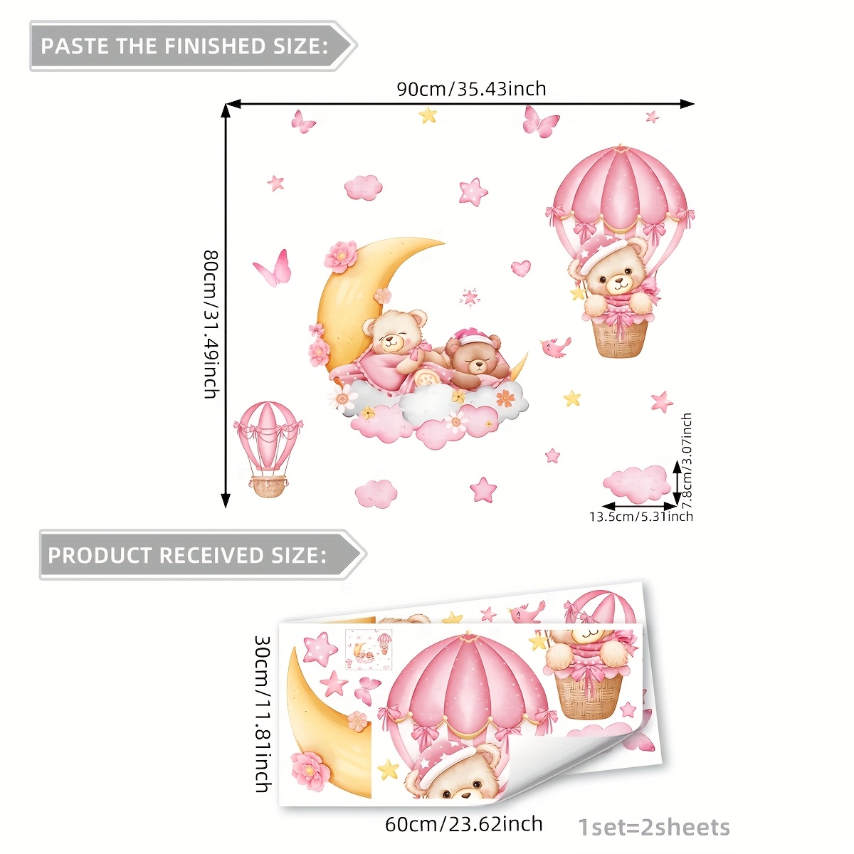 Image of 1 Set Of 2 -painted Pink Moon Bear Hot Air Balloon Clouds And Starry Wall Stickers For Living Room, Bedroom, , Entrance Hall, Kitchen And Bathroom Background Decoration M16060