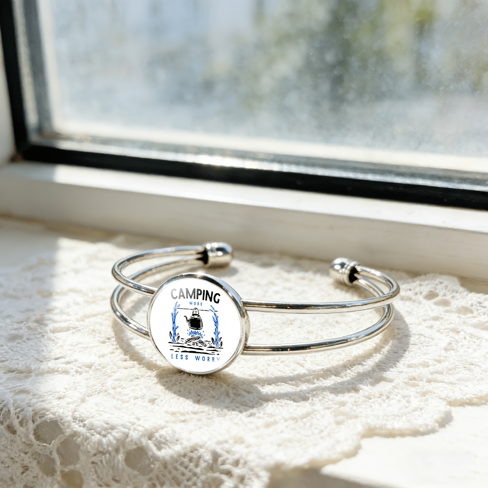 Adjustable Open Bangle with Round Time Gemstone Inlay, Camping Theme