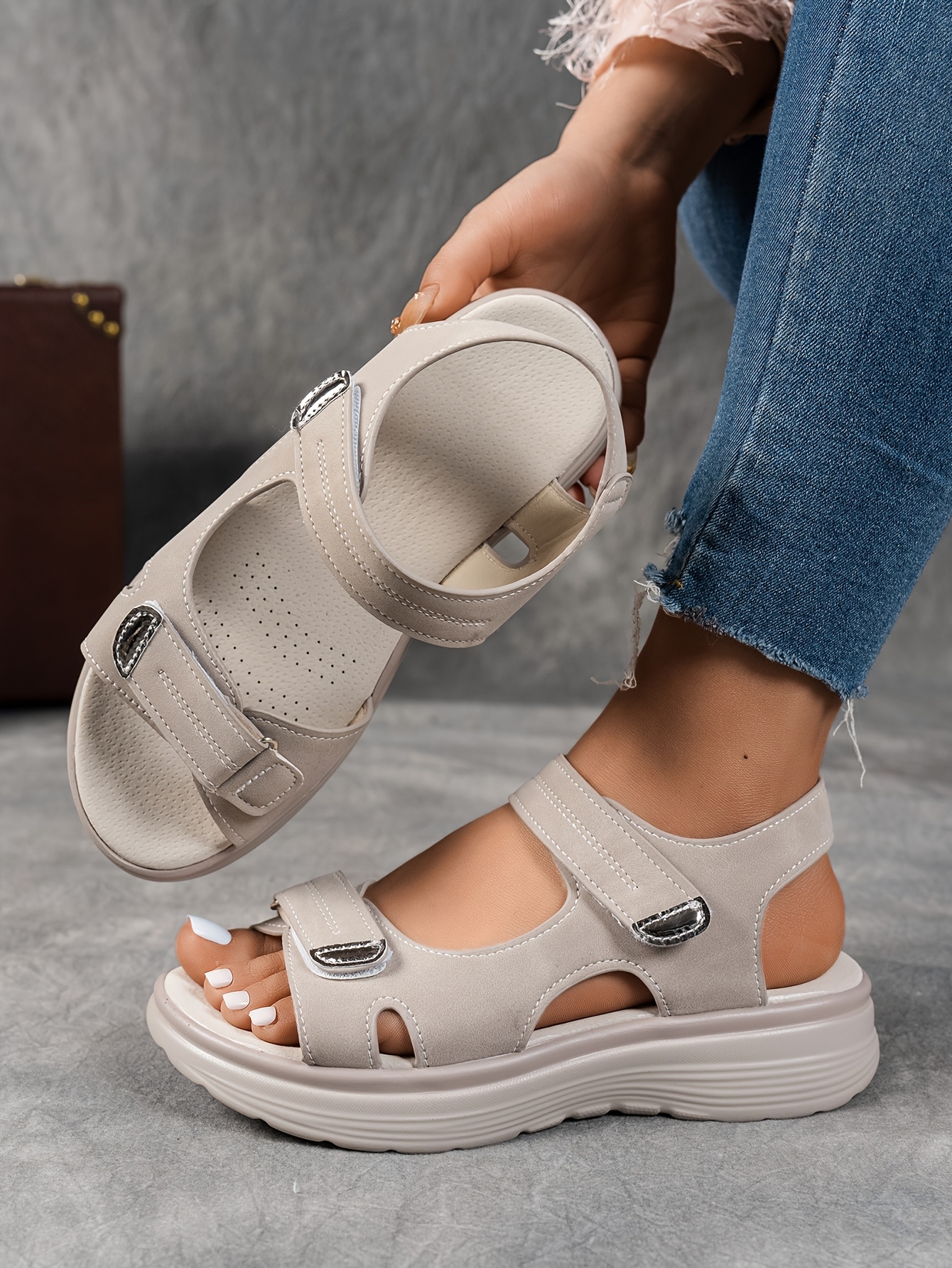 womens summer casual black platform wedge sandals open toe breathable pu upper ankle hook and loop closure solid color beachwear strappy sandals details 20