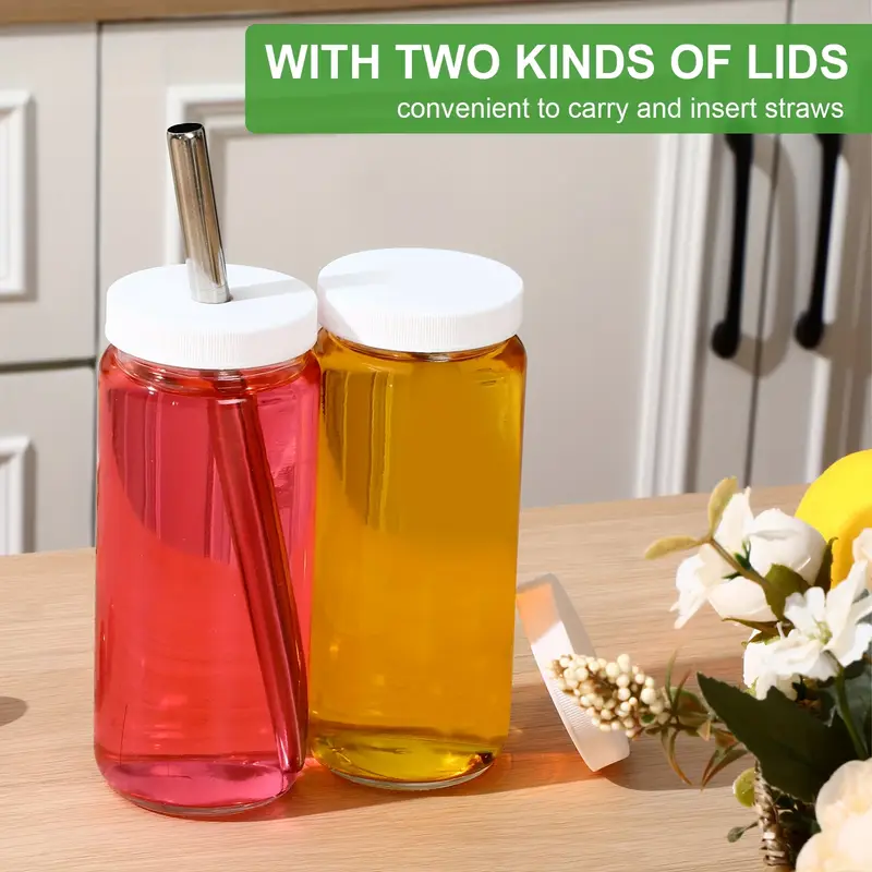 12 pack 16oz glass juice bottles with airtight leakproof lids straws cleaning brushes heavy duty leakproof jar cups space saving stackable design for juicing smoothies water milk kitchen home commercial use reusable drinking containers smoothie preparation modern kitchenware material Product details 1