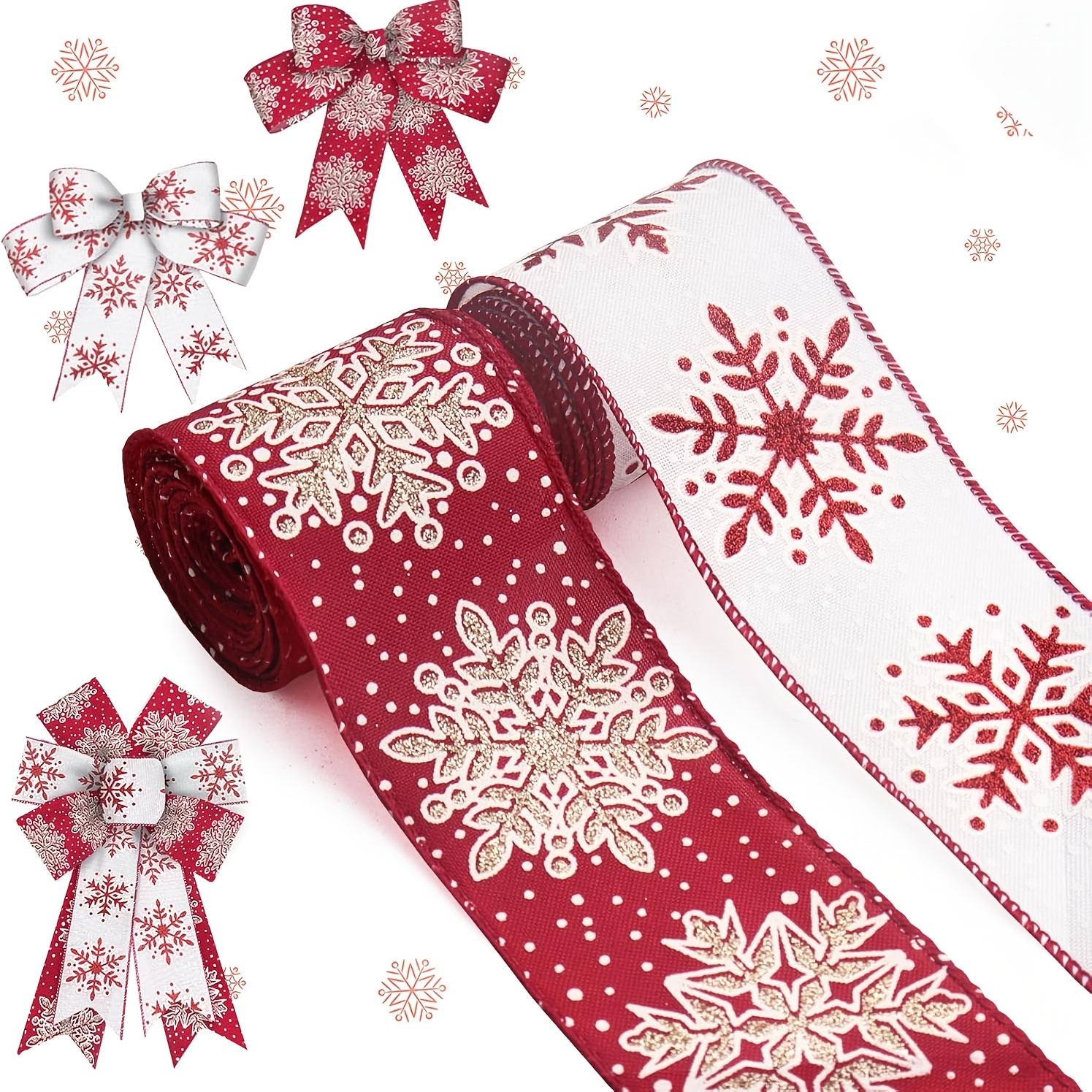 TEMU 2 Rolls Christmas Snowflake Bow Ribbon, 6.35 Cm Wide Christmas Wired Edge Ribbon And White Burlap Ribbon For Gift Wrapping Christmas Decorations