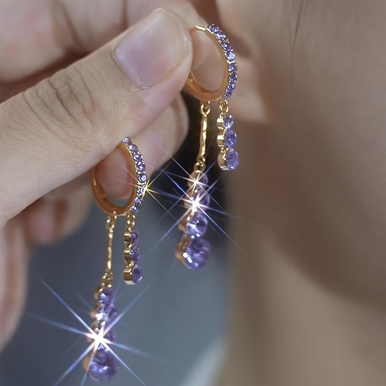 A Pair Of Exquisite Elegant High-end Purple Rhinestone Tassel Clip On Earrings For Daily , Versatile Gift And Vacation Party Jewelry