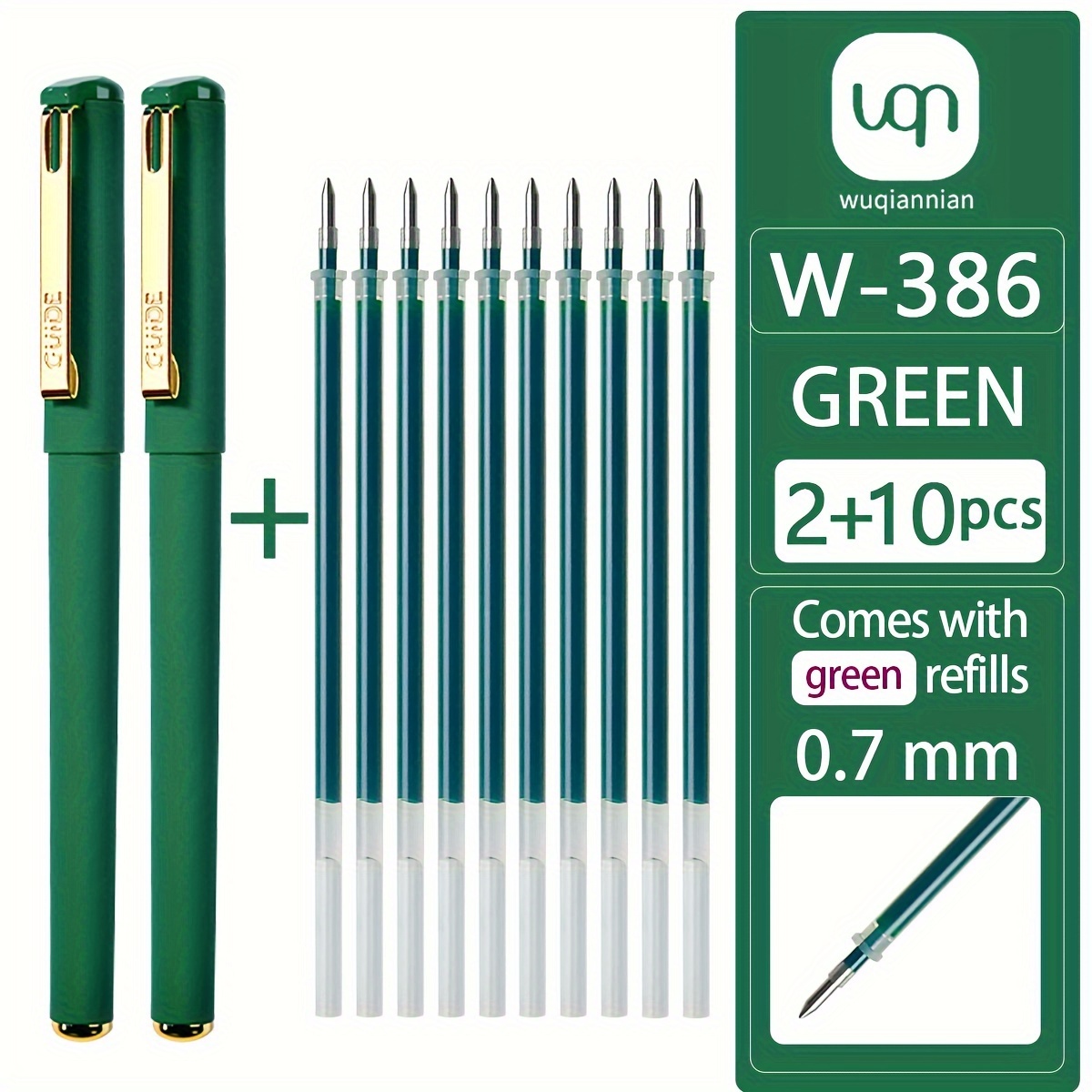 Image of 12pcs/set 2pcs Green Ballpoint Pens And 10pcs Green Refills Quick-drying 0.7mm Point Unerasable Large Capacity Refillable Ink Ballpoint Pen Cap Signature Pen With Metal Clip Back To School