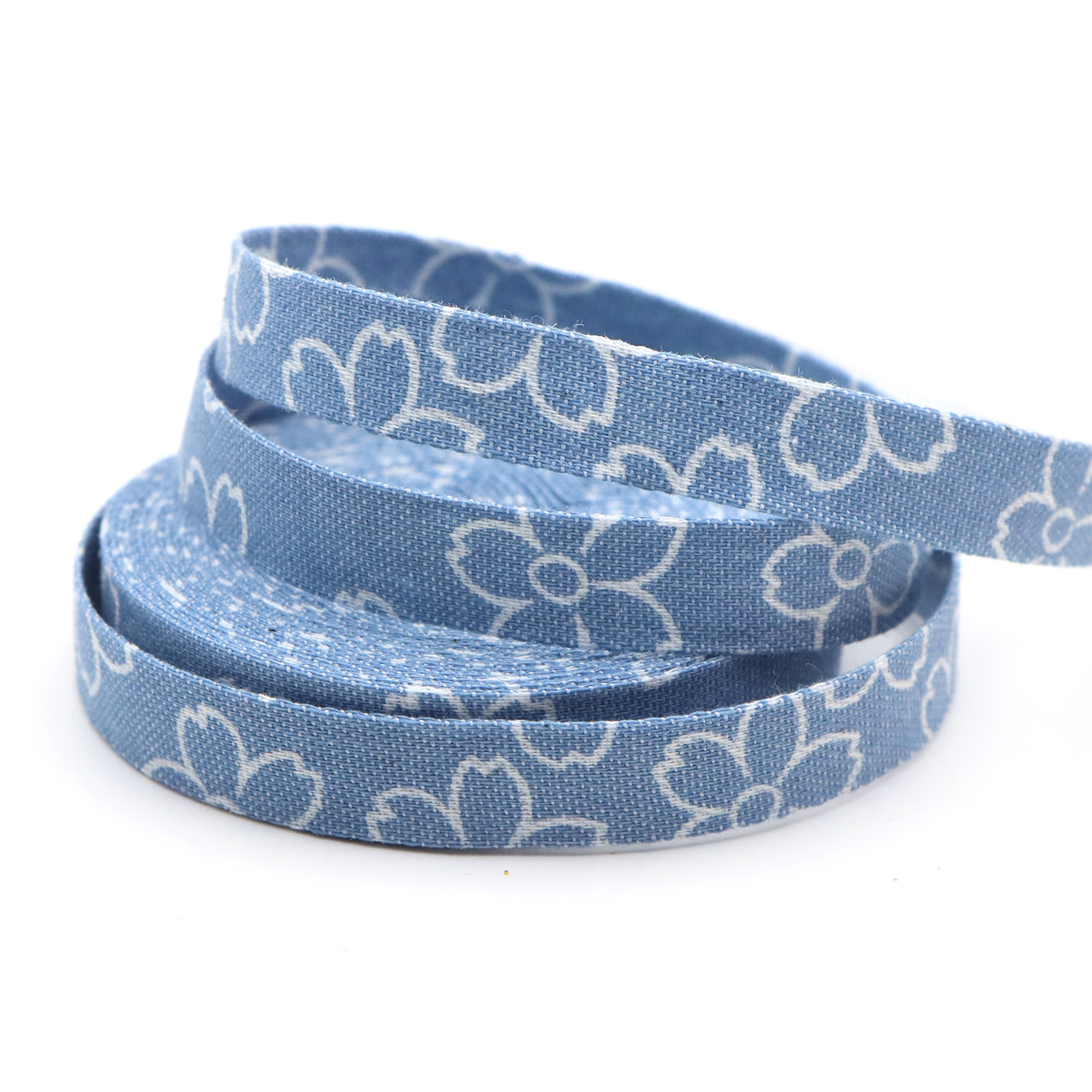 E-shop 5 Yards doppelseitiges blaues Denim-Band - Kirschblütenmusterdruck, sortierte Größen Polyester-Denim-Stoffborte zum Nähen, Basteln und für