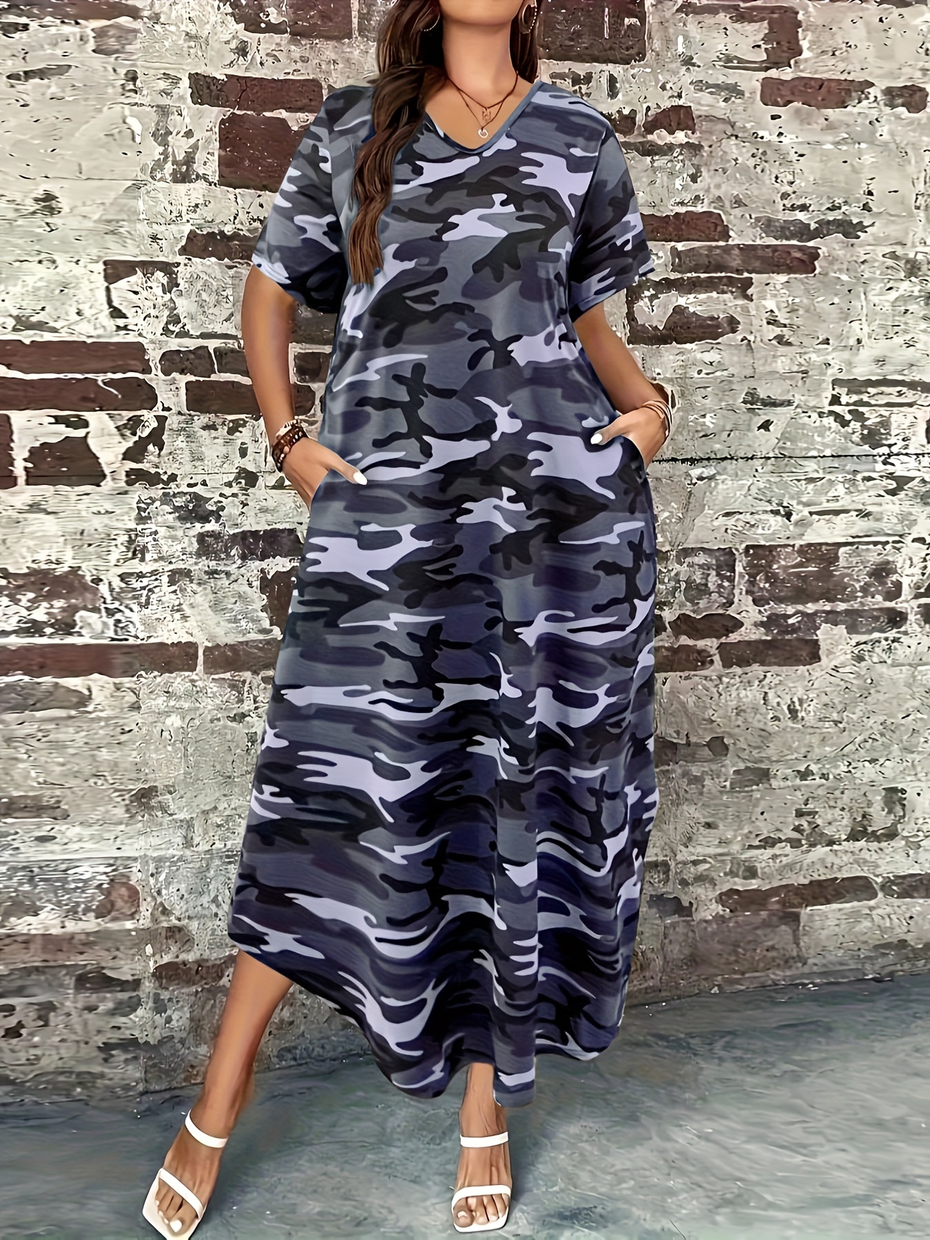 womens casual camo print maxi dress v neck short sleeve - Temu
