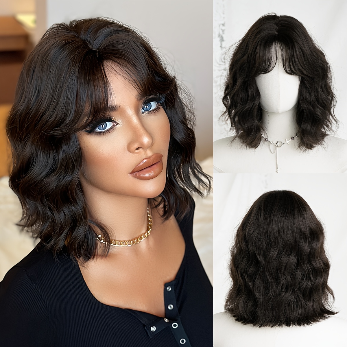 TEMU NAMM Coiffure de déguisement d'Halloween, courte, ondulée, marron foncé, bob pour femmes, mode modeste, cheveux postiches à part au avec frange