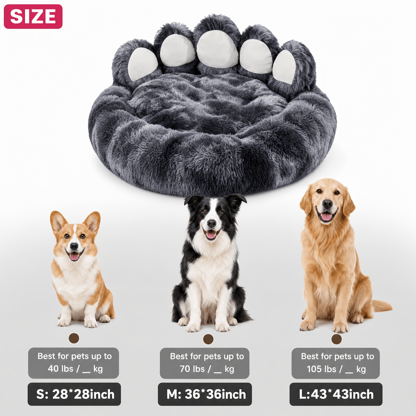Large Dog Bed Warm Fluffy Paw Donut Bed for Pets, Anti-Anxiety & Plush, Washable, Gray Cozy Paw Shape Calming Pet Bed for Dogs & Cats, Plush Faux Fur Donut Cuddler Teddy Bear Dog Bed Donut Dog Bed Calming Dog Bed