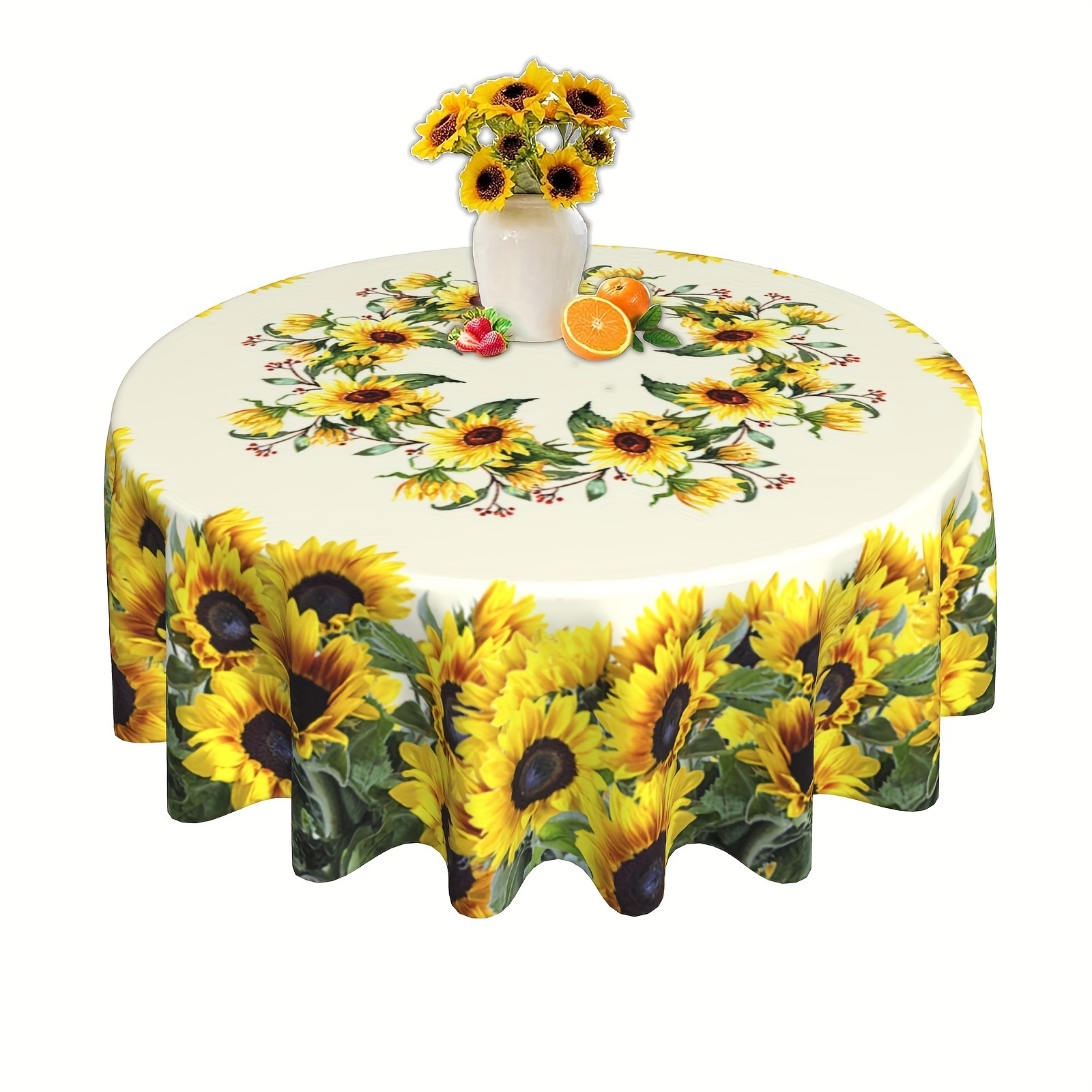 

1pc Vibrant Sunflower Polyester Tablecloth - Round, Stain Resistant & Waterproof, Ideal For Summer Decorations, Holiday Parties, Kitchen & Dining Picnics, Indoor/outdoor Use, Sunflower Kitchen Decor