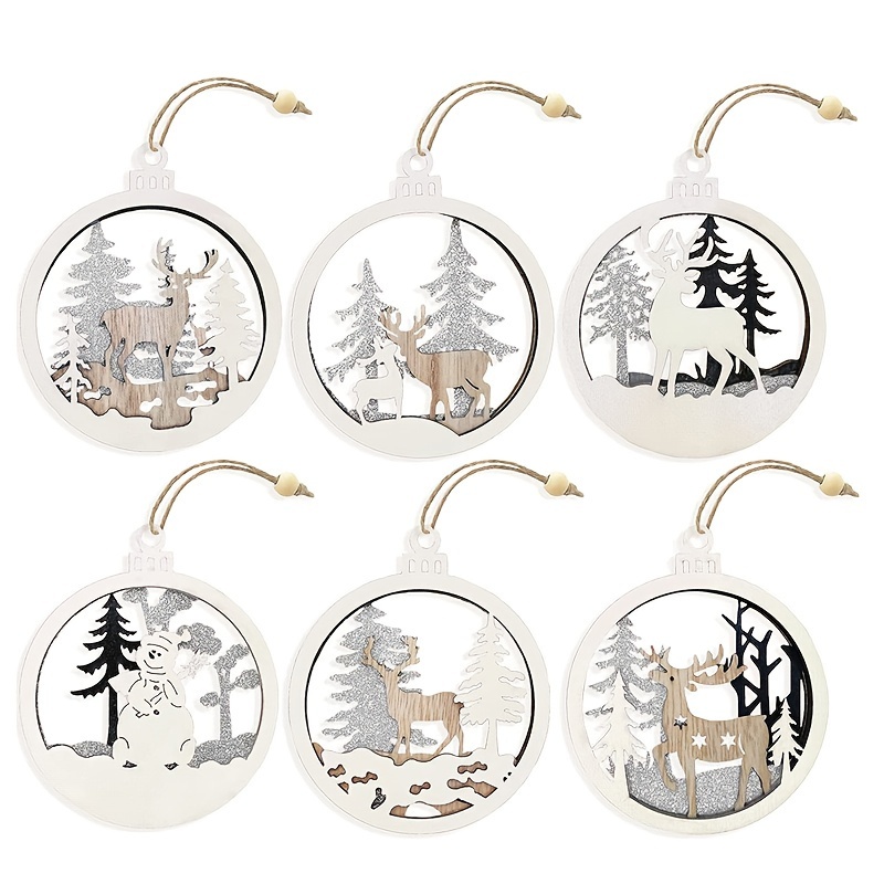 6pcs Christmas Wooden Ornaments For Winter, Christmas Tree Decoration Hanging 3d Flash Reindeer Tree Decoration, Round Wooden Christmas Tree Decoration Gift Label
