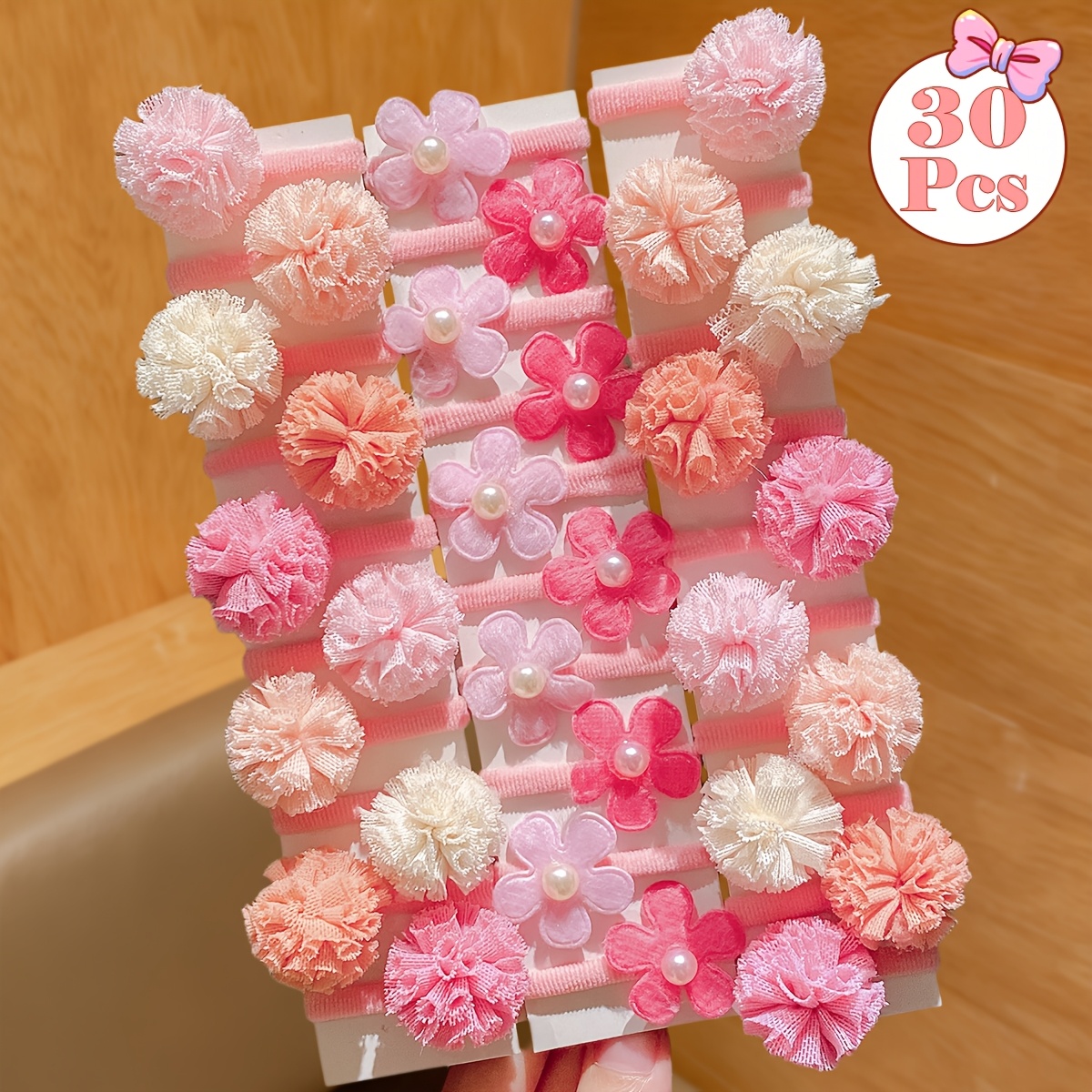 TEMU Lot de 30 élastiques à cheveux en rose pastel Morandi, bandeaux en tissu à pompons floraux, accessoires esthétiques pour queue de cheval