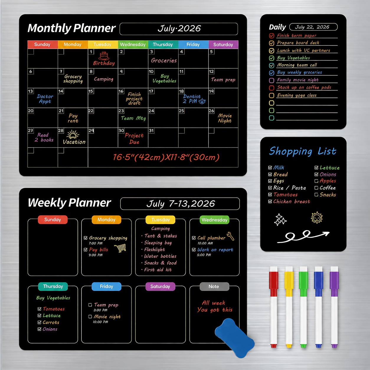TEMU 4pcs Set Of Fridge Calendar Stickers, Magnetic Erasable Calendar, Black Magnetic Whiteboard, Fridge Calendar, Includes 5pcs Markers And Eraser,