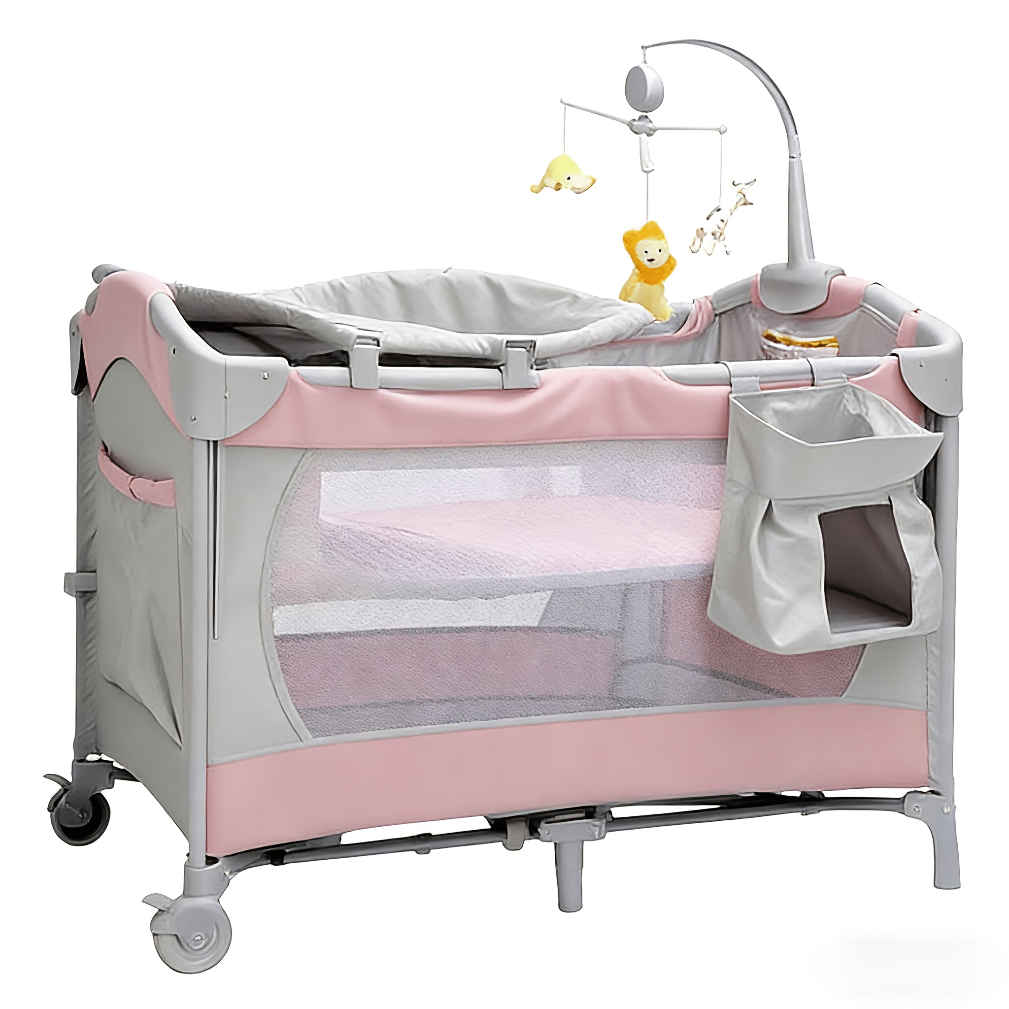Multifunctional Foldable Baby Crib with Wheels, Movable and Connectable to a Large Bed, Equipped with Storage Bag and Bed Bell, Breathable Mesh Design, Suitable for Both Baby Sleeping and Play, Suitable for Newborns to Toddlers