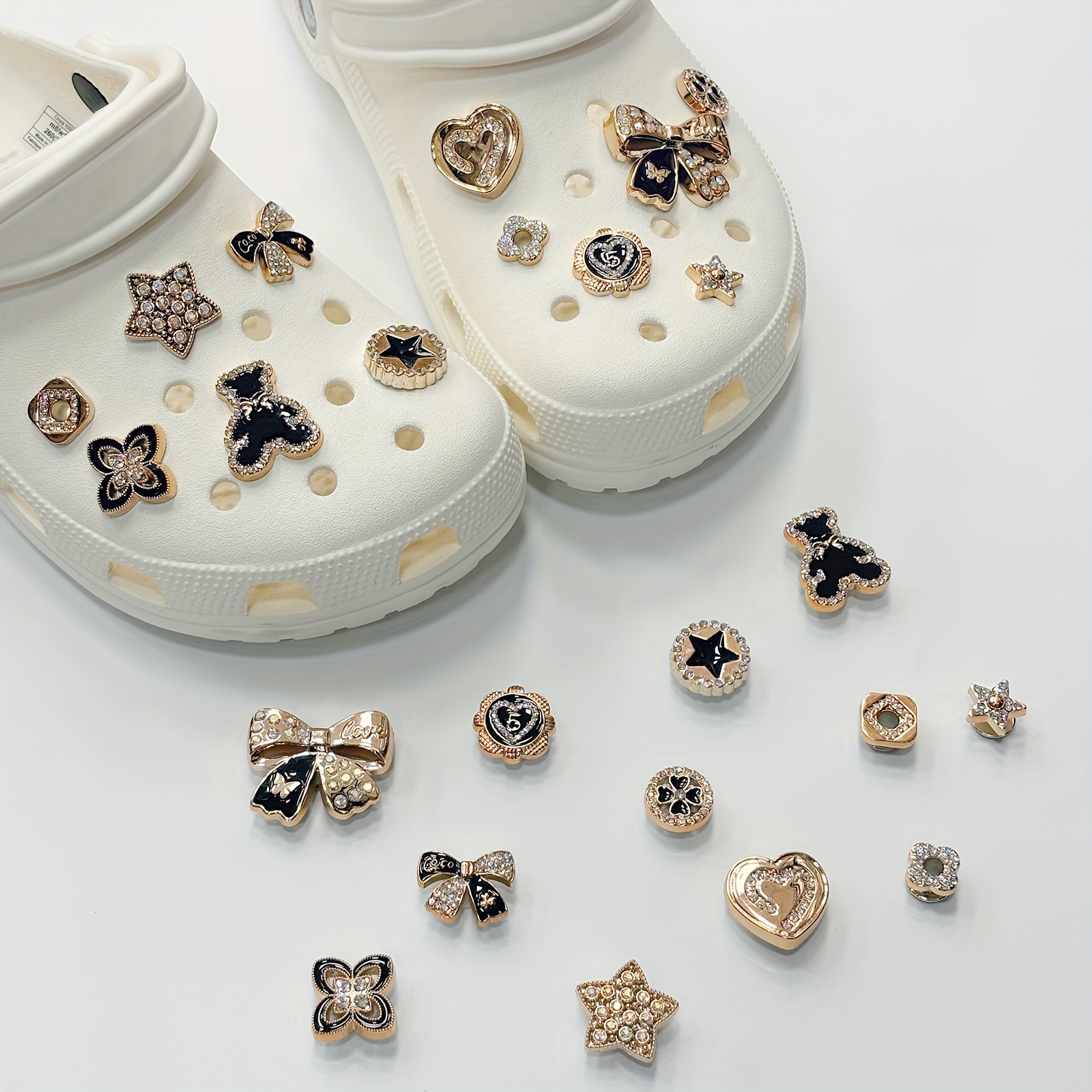 

12pcs Fashionable Rhinestone Bow & Bear Shoe Charms Set - Diy Detachable Clog & Sandal Decorations, Plastic