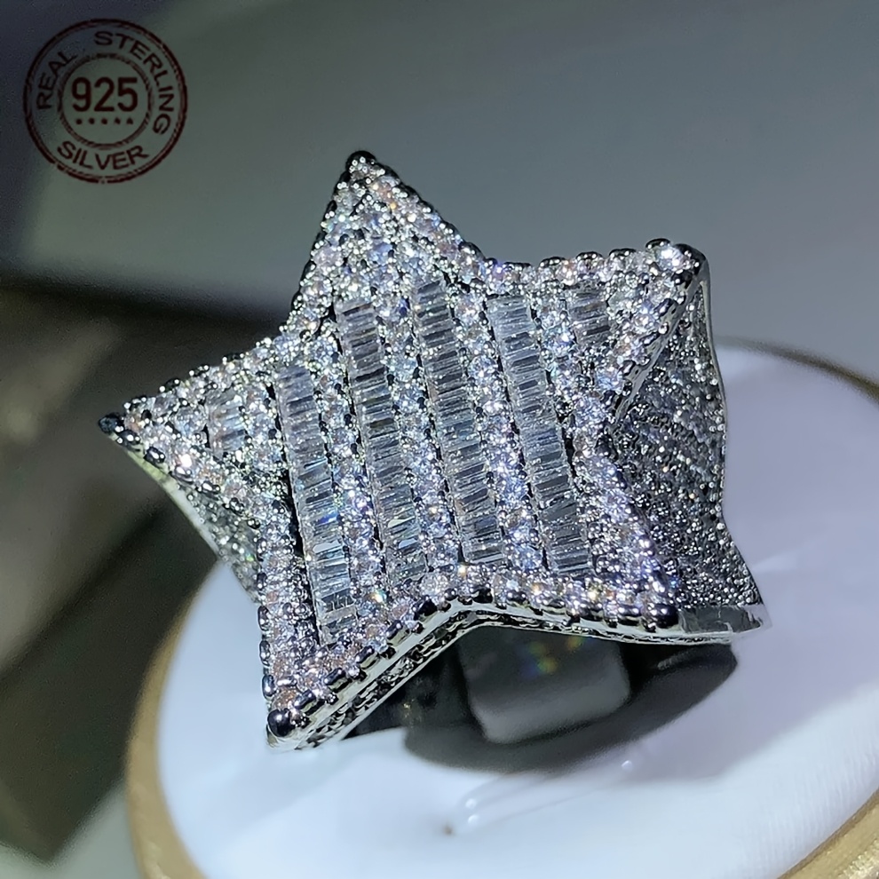 Luxury 925 Sterling Silvery Ring Ice Out Sparkling Zirconia Rappers HipHop Ring Star Shape Rings For Men Exaggerated Jewelry