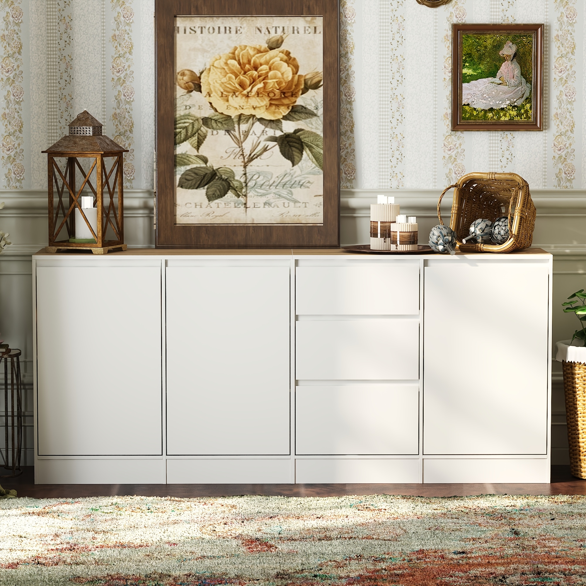 70.9" W 3-drawer, 3-door Sideboard With Multiple Shelves, Living Room Chest Of Drawers, Sofa Sideboard, Living Room Sideboard Organizer, Bedside Organizer, White (70.9" W X 13.8' D X ' H)