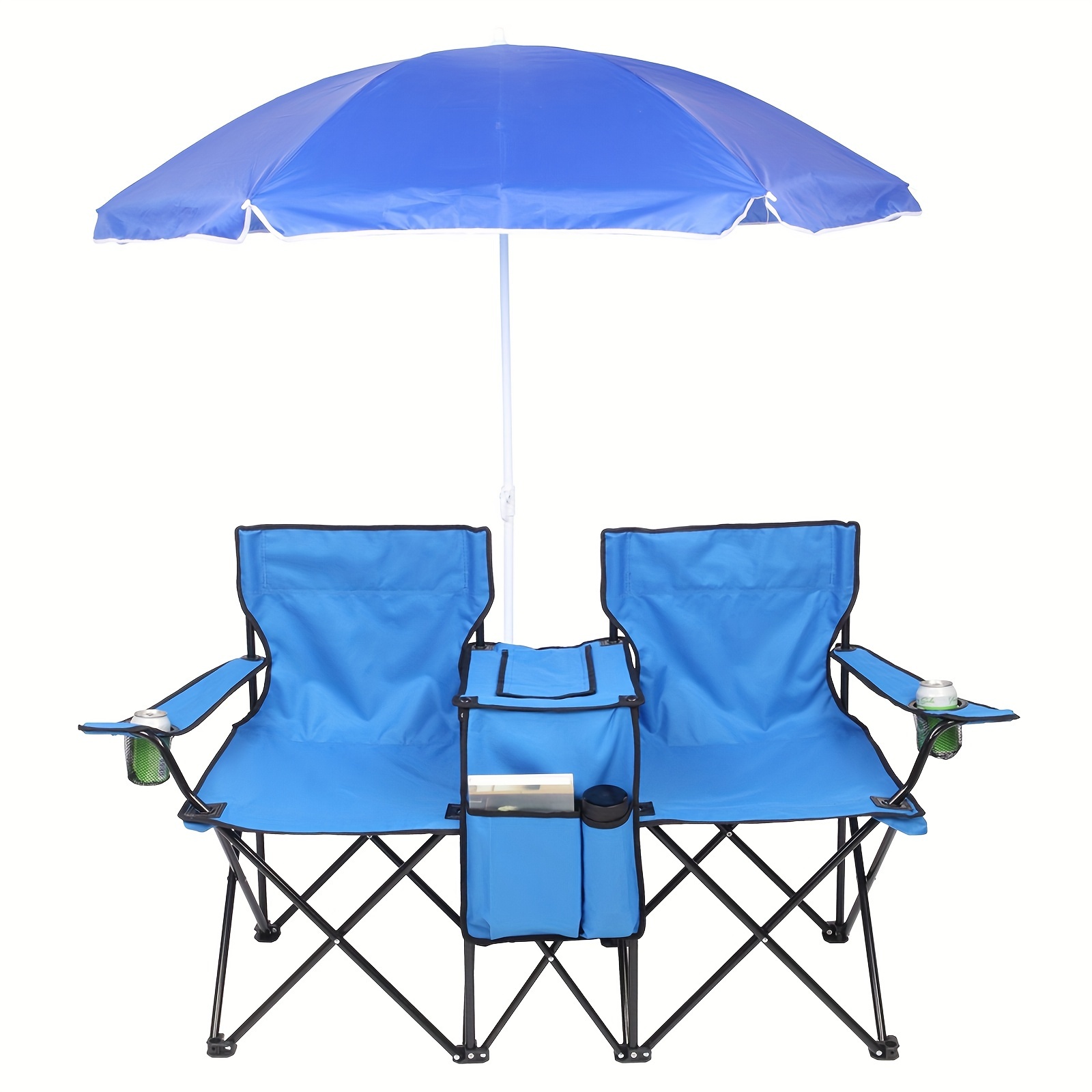 Portable Outdoor 2-Seat Camping Chair Sturdy Folding Fishing Chair with  Removable Sun Umbrella Blue for Outdoor Hunting Fishing Sports