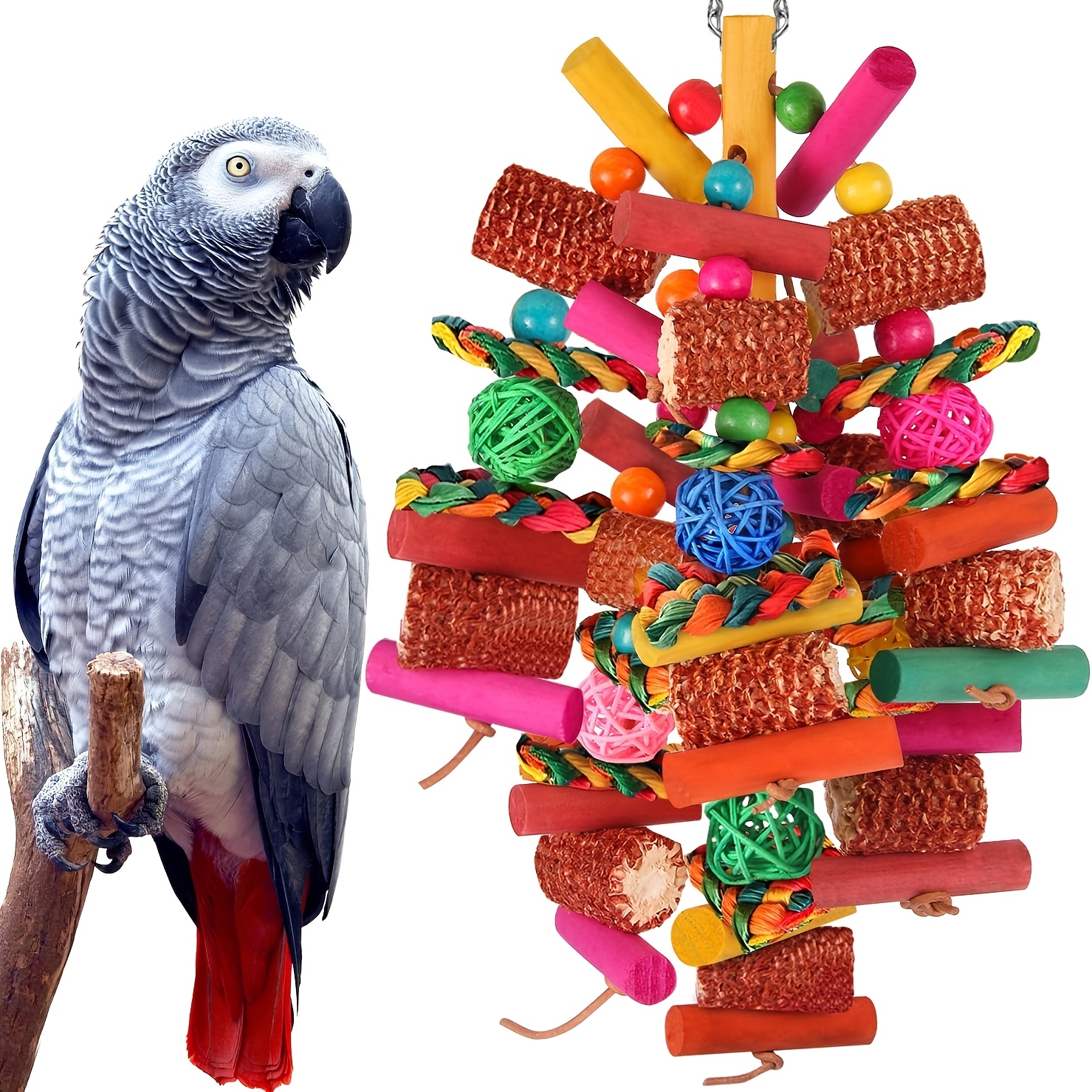 TEMU Large Parrot Chew Toy, Bird Toy, Corn Cob Rattan Ball Chew Toy Large Chew String, Mixed Colors, Cage Hanging Ornament