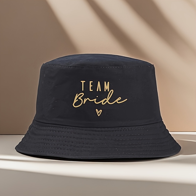 Image of Fashion Print Bucket Hat - Stylish Black Fisherman Cap With Golden Lettering, Heart & Arrow Design, Bridesmaids, Outdoor & Sun Suitable For Men And Women.