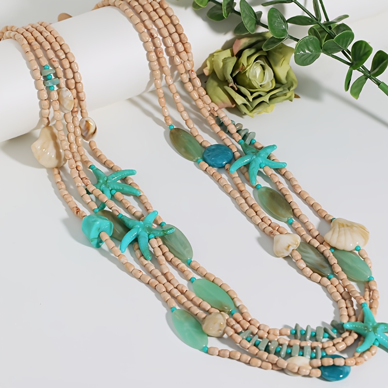 Bohemian Starfish & Seashell Multi-Layer Necklace, Vacation Style