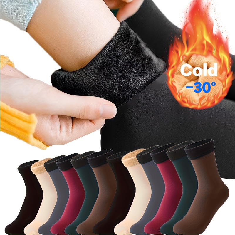 

5 Pairs Unisex Winter Thermal Knit Crew Socks, Polyester 80%, Spandex 20%, Solid Color, Warm Fleece-lined, With Hand Wash, For Outdoor Activities,