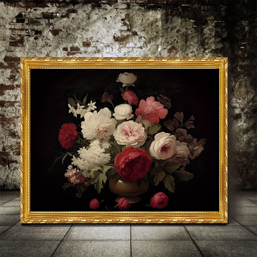 2d flat 1pc elegant   canvas art with   11 8x15 7 inch dark   roses peonies painting vintage inspired wall decor for living room framed canvas wall art