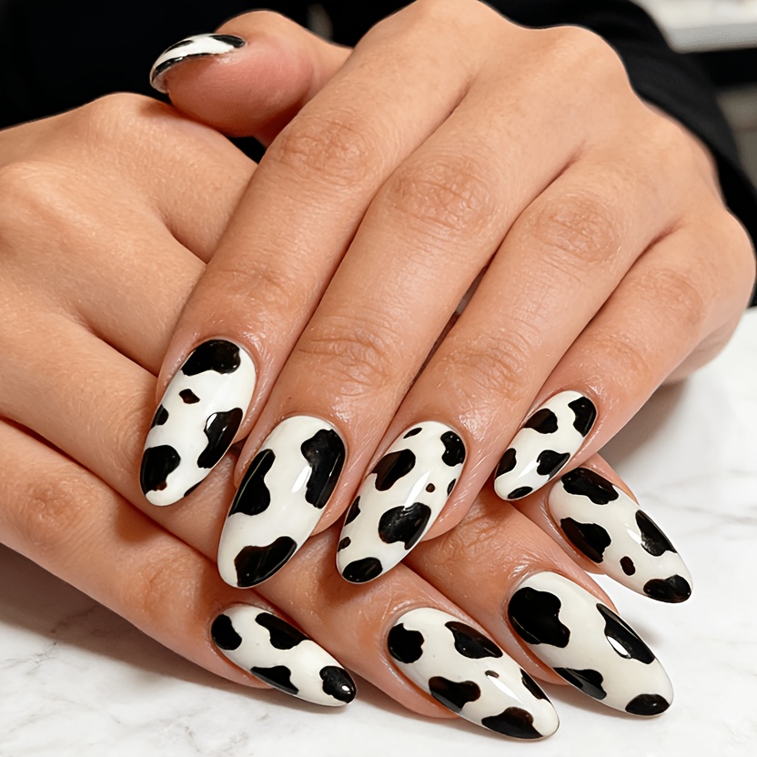 TEMU Mid-length, Almond-shaped, Black And White, Color-blocking, Pattern, Spring And Summer Style, Glossy End, 24pcs, Nail Art Stickers, Removable,
