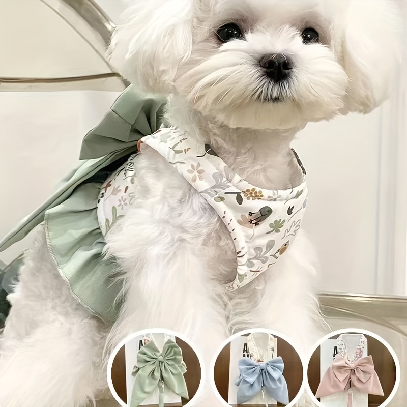 

Floral Bowknot Dog Harness Vest With Leash - Comfort Fit For Bichon & Teddy, Polyester Material