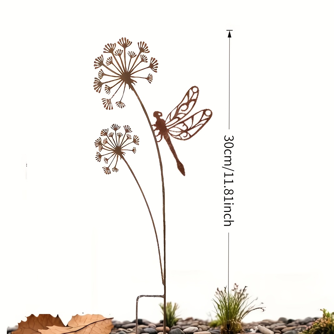TEMU 2d Flat, [2d Flat] 2d Flat 1pc Metal Rust-colored Dandelion Dragonfly | Universal Holiday Garden Decoration, Rustic Style, Weather-resistant For