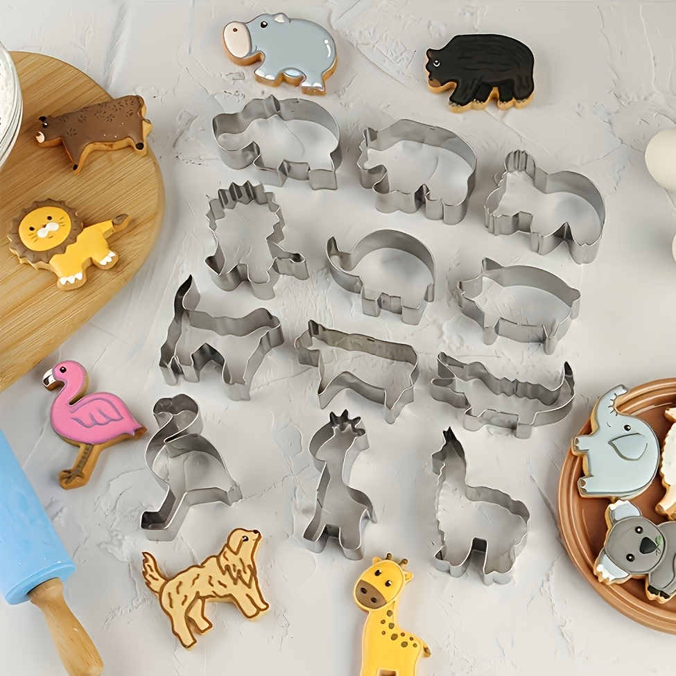 Image of Stainless Steel 12pcs Baking Cookie Mold Set, 3d Animal Shapes, Baking Tools, Alpaca, Lion, Giraffe, Hippo, Koala, Elephant, Puppy, Cow, Pig, Crocodile, Flamingo, Panda, Diy Pastry Molds