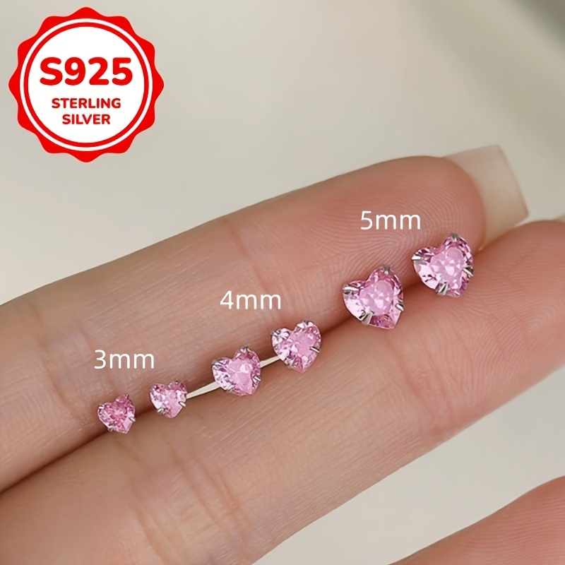 Women's Pink Heart Stud Earrings in S925 Silver