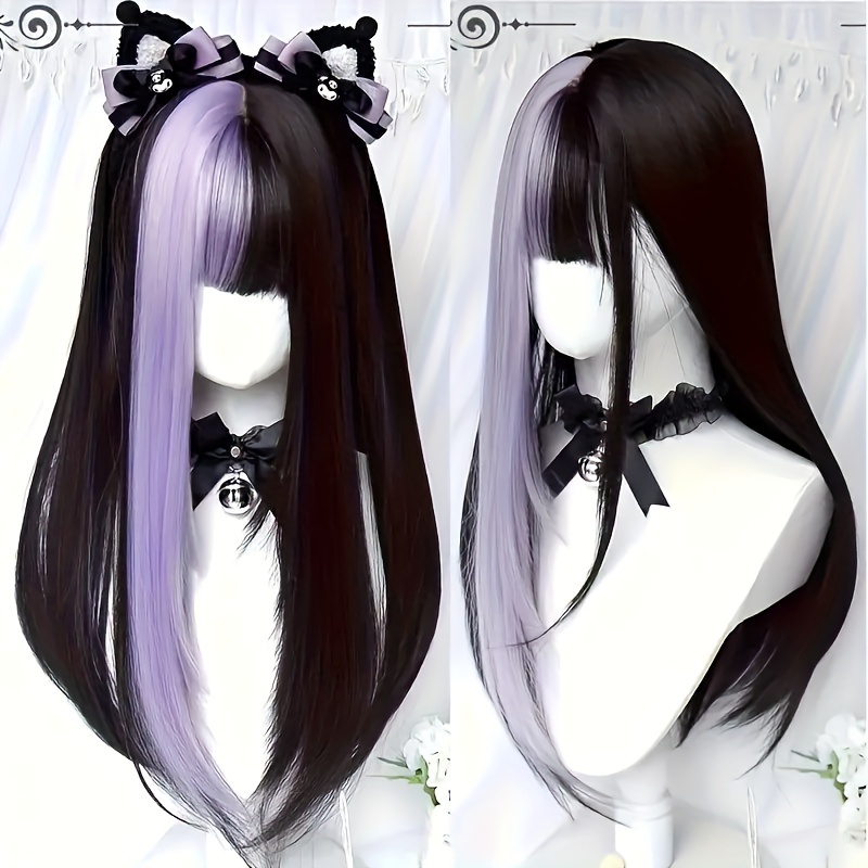 

Cosplay Synthetic Wig For Women 22" - Fiber, Straight Hair With Purple Highlights, Adjustable Cap, All Ages - Elegant Black Anime Costume Wig