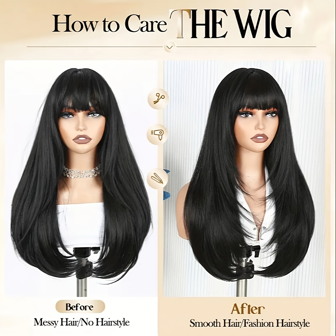 26inch glueless black wig bangs long straight layered - Temu display picture 1