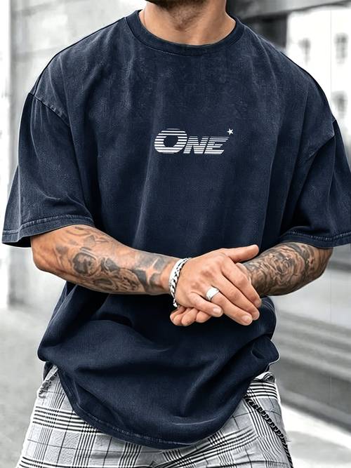 mens short sleeve t shirt for street casual wear one letter print washed distressed craft oversized loose drop shoulder top easy trendy style casual versatile top fathers day gift machine washable soft fabric full size range