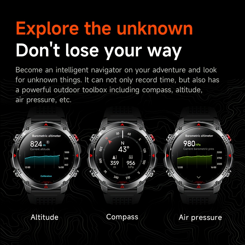 Heren Outdoor Smartwatch, GPS Nauwkeurige Positionering, Ingebouwd Kompas, LED Licht, 3ATM, Ondersteunt 100+ Sportmodi, Draadloze Gesprekken, Multimedia Informatie Weergave, Meerdere Weersmodi, Outdoor Avontuur Smart Armband, Metalen Behuizing Ontwerp