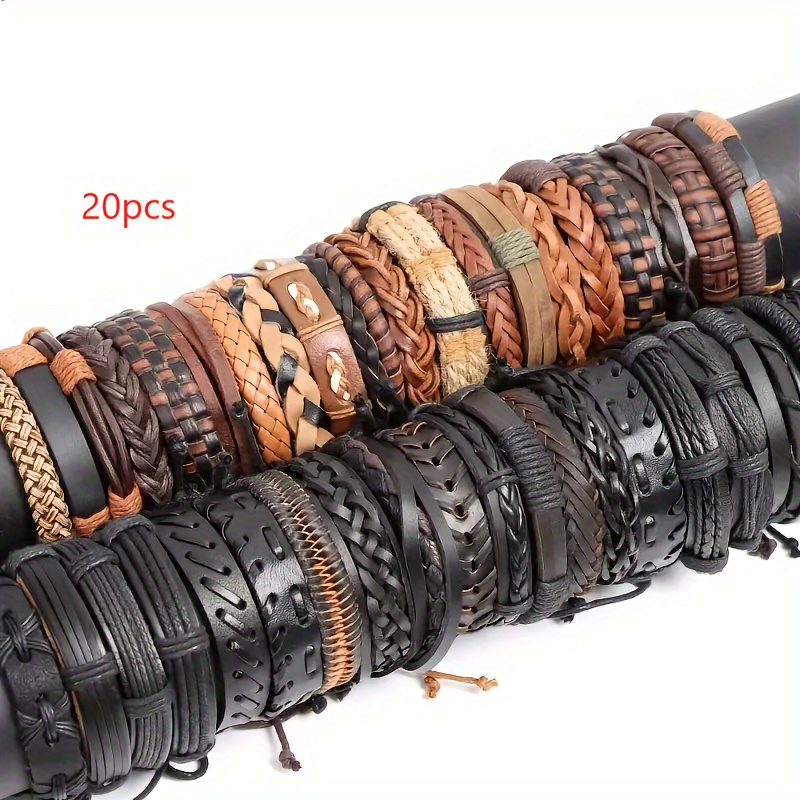 TEMU Men' Leather Bracelet Set - 20pcs Styles, Fashionable Parties And Gifts