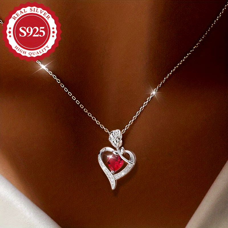 

Elegant French-style S925 Sterling Silver Necklace With Heart-shaped Red Cubic Zirconia Pendant, Hypoallergenic, 3.2g - Versatile For Everyday Wear And Gift-giving