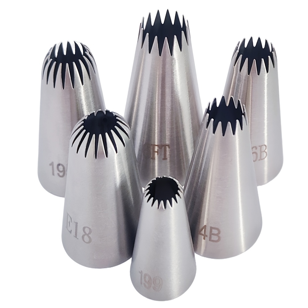 Image of 6pcs Piping Nozzle Set Including 6ft, 4b, 6b, 195, E188, And 199 For Decorating And Cakes, Made Of Seamless 304 Stainless Steel