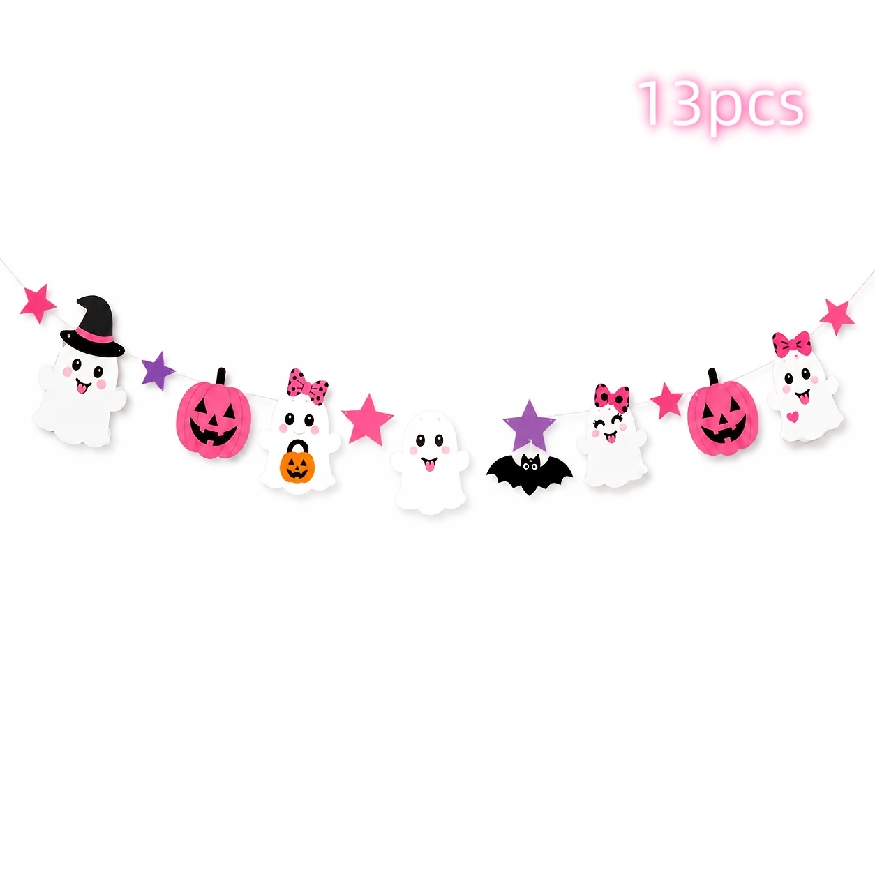 TEMU Halloween Banner 13pcs Of Paper Cut Color Flag Garland Cute Bow Hat Bat Star Paper Flag Scary Halloween Indoor Fireplace Rack Wall Rack Doorway