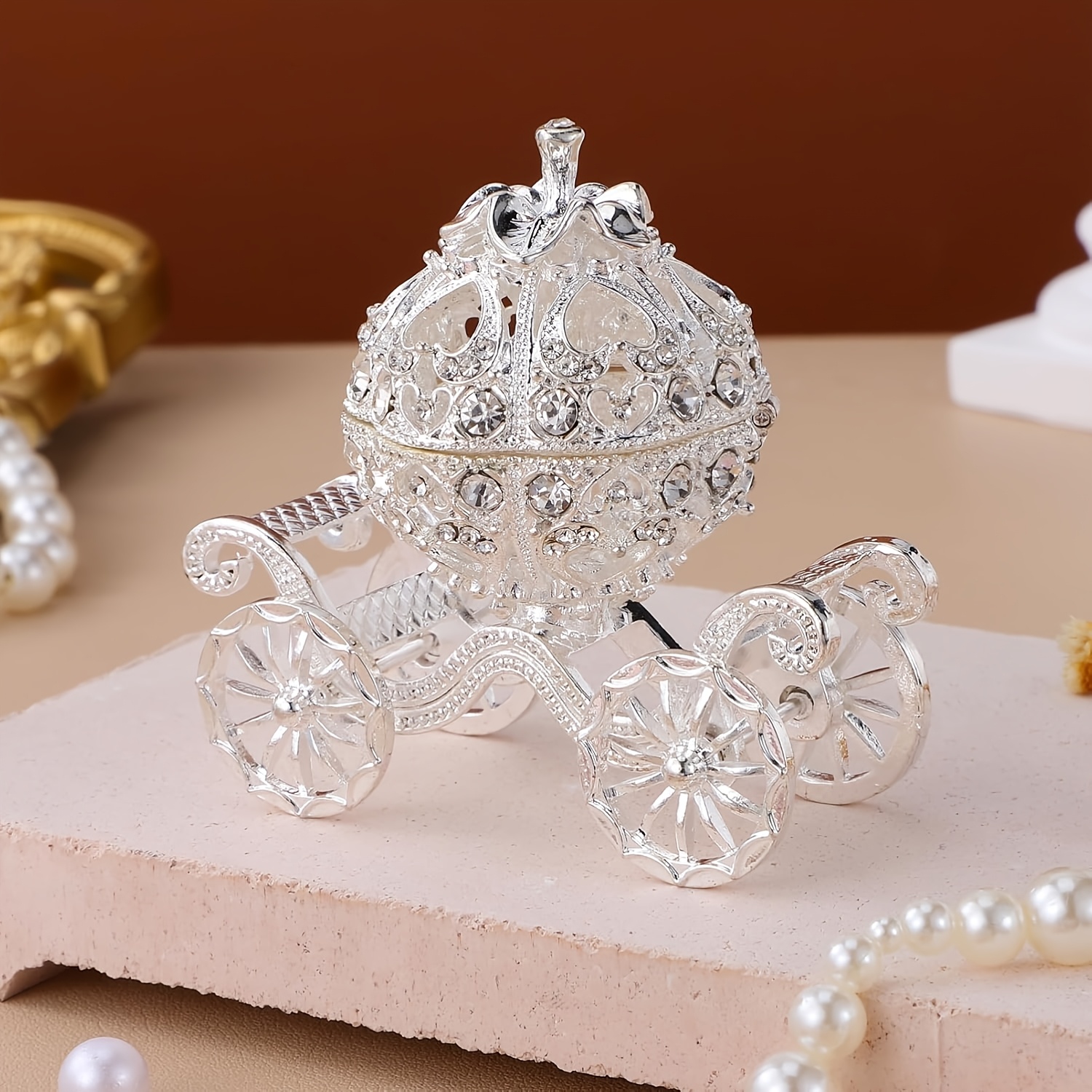 Image of Silvery Shaped Jewelry Box, Retro Hollow Crystal Rhinestone Jewelry Box, Magnetic Ring Stand, Suitable For Weddings, Engagements, Birthdays, And Other Occasions, Women's Gift, Jewelry Boxes