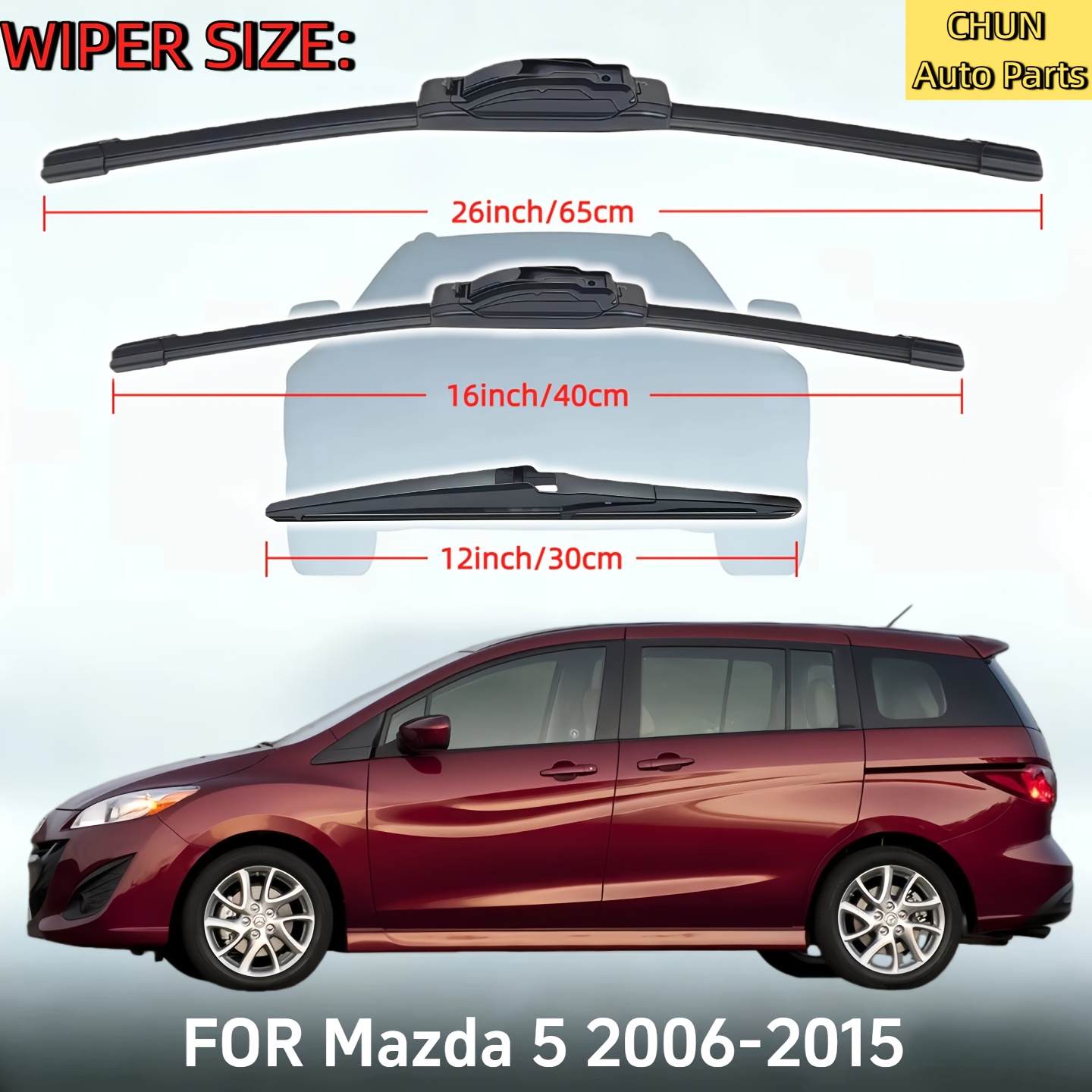 TEMU 66.04cm + 40.64cm + 30.48cm Windshield Wiper Blade Replacement Set, Suitable For 5 2006-2015, Front And Rear Wiper Blades, Durable, Stable,