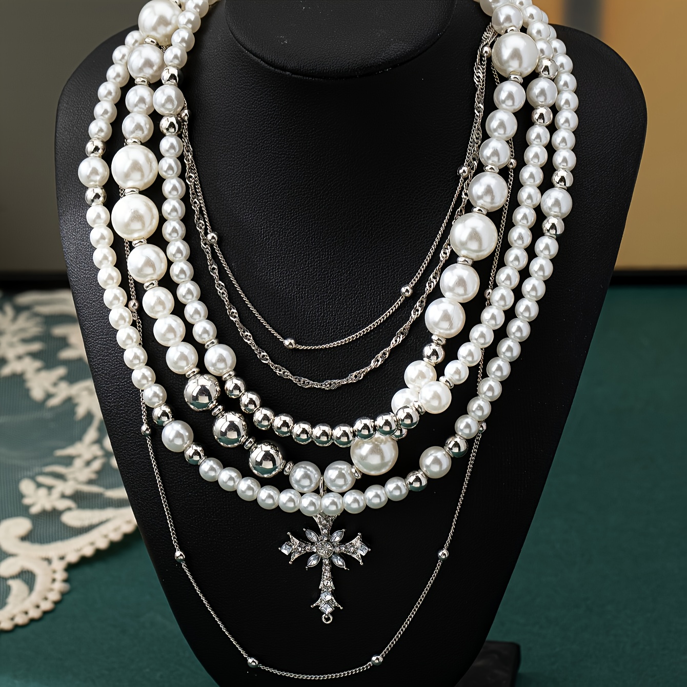 Women's Multi-Layered Cross and Imitation Pearl Necklace
