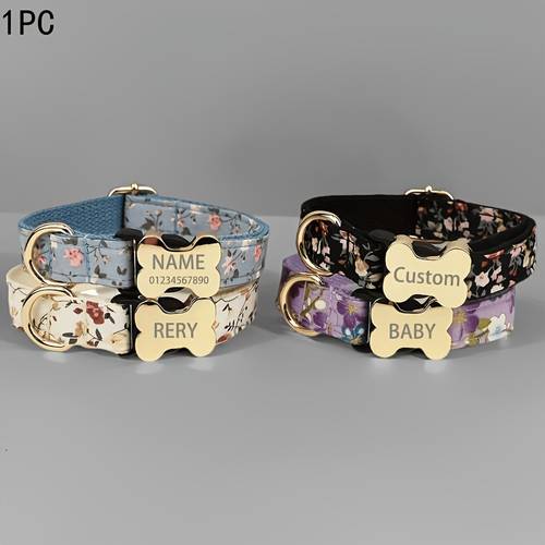 Floral Print Pet Collar with Metal , Customizable Name and Phone Number ID Tag - Suitable for Large/Medium/Small Dogs - Easy to Tighten and Release, Soft & Comfortable Adjustable Durable Accessory - for Your Pet!, Dog Collar Custom, Engraved Dog Collar with Night Reflective, Custom Floral Collar Dog, Large Collar, Collars for , Stitching, Small Breed Pets