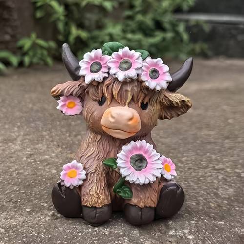 1pc highland cow decoration with floral accents brown scottish farmhouse decor statue resin tabletop or garden ornament for home christmas halloween birthday gifts no electricity needed indoor outdoor use cow decorations for home whimsical animal sculpture handcrafted statue holiday decorations rustic charm detailed decorative figurine gift