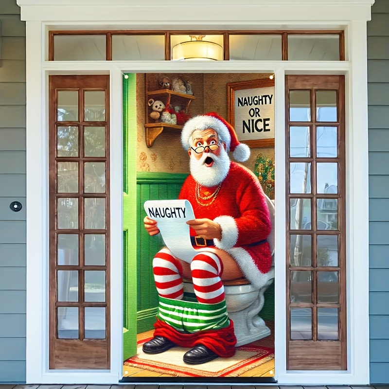 

Festive Santa Claus Bathroom Door Hanging Sign - Humorous Holiday Decoration, Polyester Fabric, Multipurpose Use, No Electricity Needed - Perfect For Spreading Holiday Cheer In A Fun Way