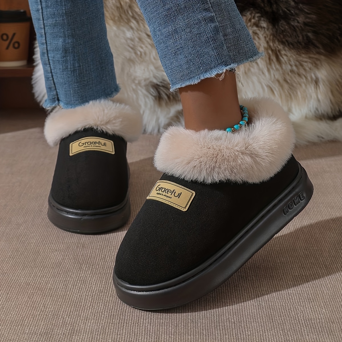 TEMU Autumn Winter Elegant Warm Thickened Cozy Solid Color Indoor Outdoor Plush Snow Slippers