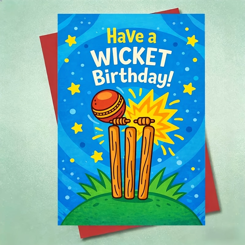 TEMU 1pc Cricket-themed Birthday Card With Envelope, "happy Birthday 3 Sticks" Funny Sports Style Birthday Greeting, Features Cricket And 3 Sticks