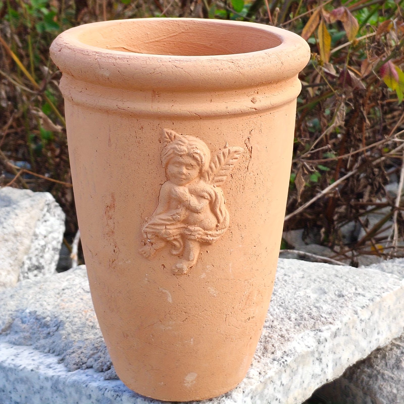 handmade red clay tall and   flower pot with angel relief decoration made of coarse clay   breathable and has   absorption suitable for garden and balcony plants gardening gift home decor