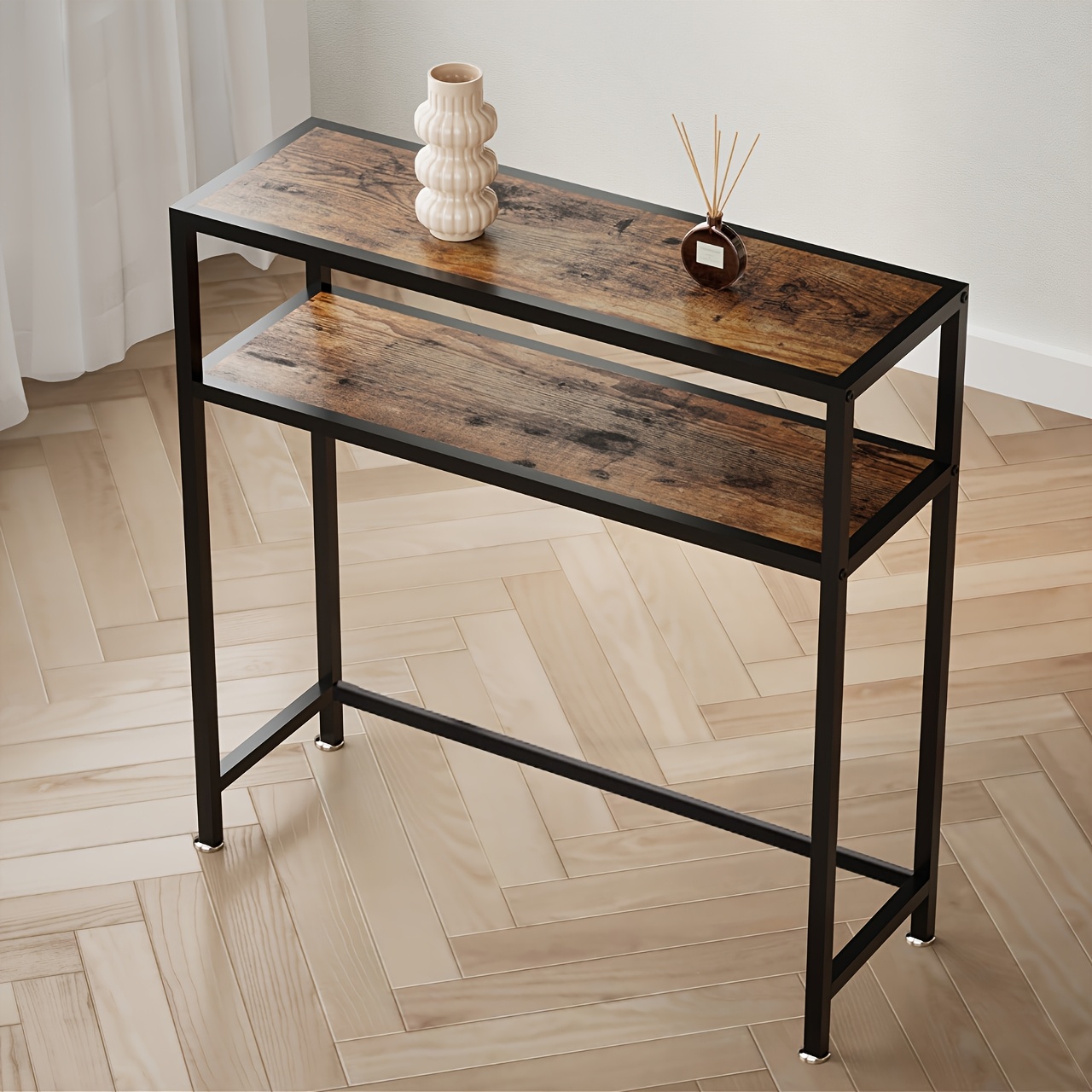 Mesa de Entrada Estrecha Jeenwur/Mesa Consola - Mesa Moderna de Ahorro de Espacio con Tapa de Madera de Pino y Estructura Robusta de Metal, Fácil Montaje, Adecuada para Pasillo, Sala de Estar, Entrada - Pequeño Soporte para TV, Mesa de Exhibición (80.01cm/80.49cm/27.0cm)